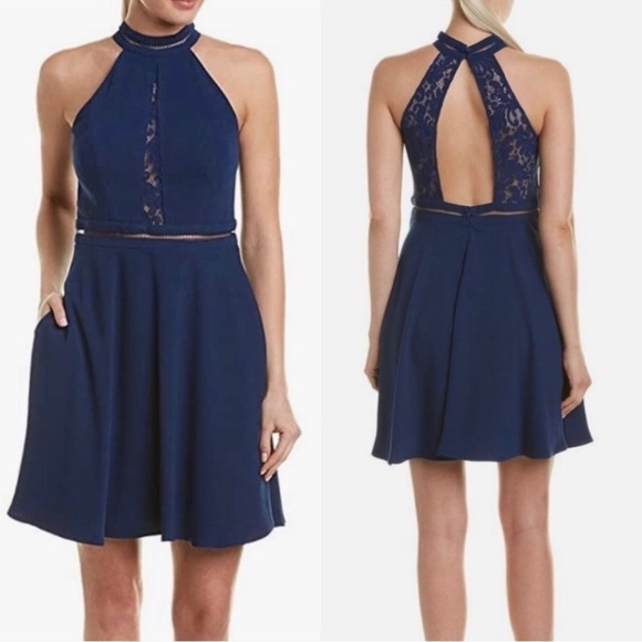 Aidan by Aidan Mattox Navy Blue Lined Lace Back Mini Dress w/Pockets - Picture 1 of 9